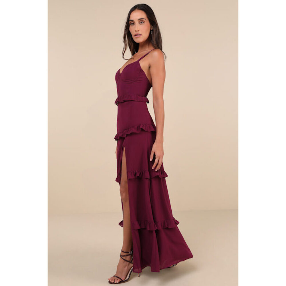 NWT! Lulus Sincerely Poised Plum Purple Backless Bustier Tiered Maxi Dress - S